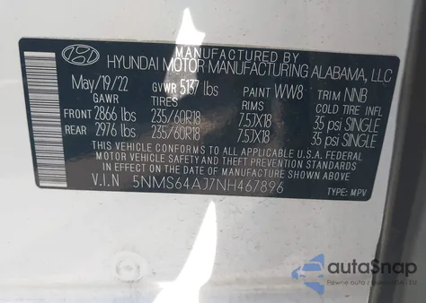 2022 Hyundai Santa Fe Xrt from USA, damaged, VIN 5NMS64AJ7NH467896